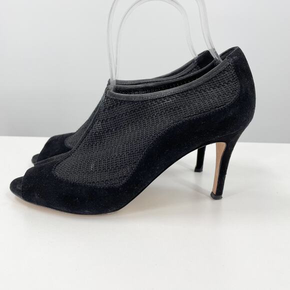 L.K. Bennett Lara Black Suede Mesh Peep Toe Booties Heels 38 7 Dark Romantic - Picture 2 of 12